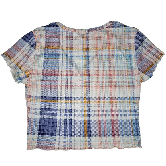 Rue21 Plaid Crop Top Pastel Button Up Short Sleeve Blue Pink White Orange Small - Picture 2 of 7